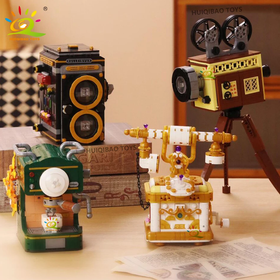 HUIQIBAO MOC Vintage Camera Coffee Machine Model Building Blocks DIY Telephone Projector Ornament Bricks Toys for Adult Gift