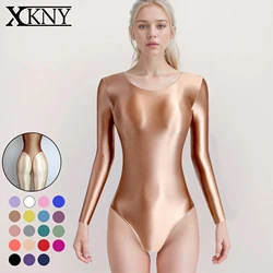XClocKNYoung satin glossy tights oil glossy slip smooth Thongs high fork long sleeve swimsuit Yoga sportswear oil BODYSUIT