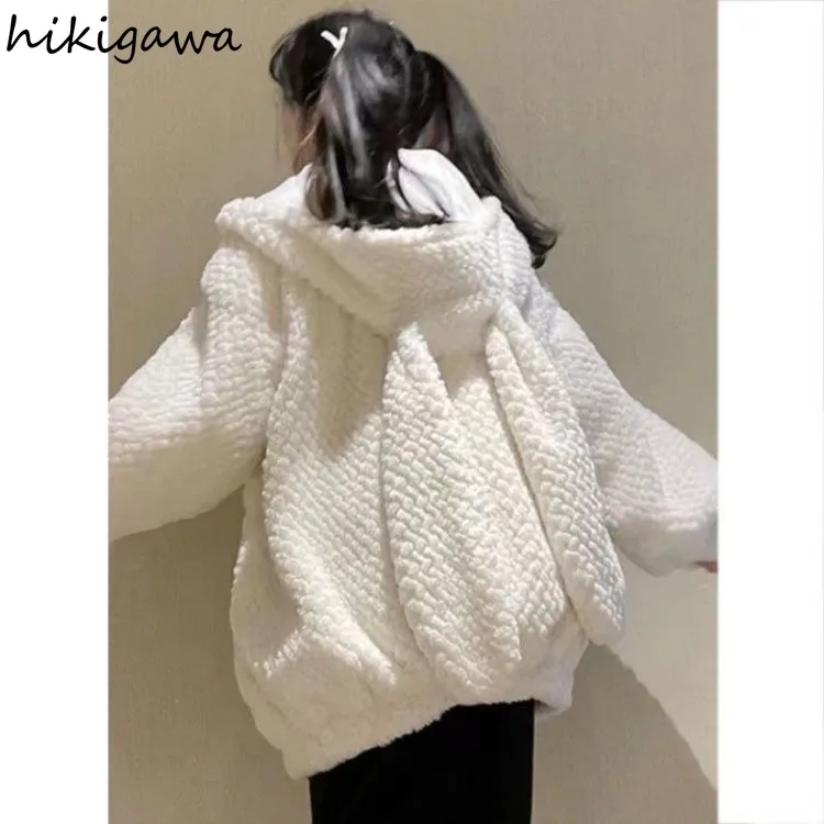 Japanese Oversized Jacket 2024 Women Clothing Cute Lamb Cashmere Hooded Thicked Y2k Coat Tops Streetwear Fashion Casual Outwear