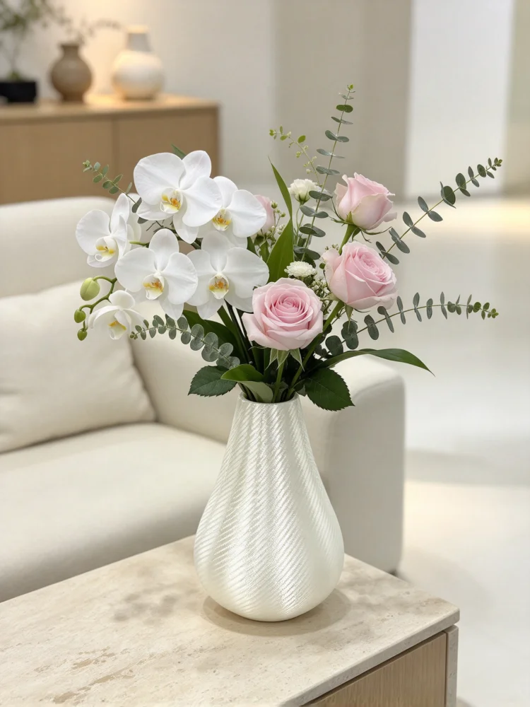 Creamy White Carbon-Patterned Pear-Shaped Small Vase with 3D Printed Texture, a Soft Milk White Tone Paired with Delicate Carbon Fiber Texture, Gentle and Suitable for a Cream-Style or Natural Wood-Style Home Decor. Can Be Placed on a Dressing Table, Sideboard, or Coffee Table, Used to Insert Small Bouquets or Displayed Alone, Adding a Healing Touch to the Home Space. It Is Both a Mini Floral Container and a Soft Decor Piece, Adding a Gentle and Soft Atmosphere to the Home Space. a Great Accessory for Cream-Style Home Decor