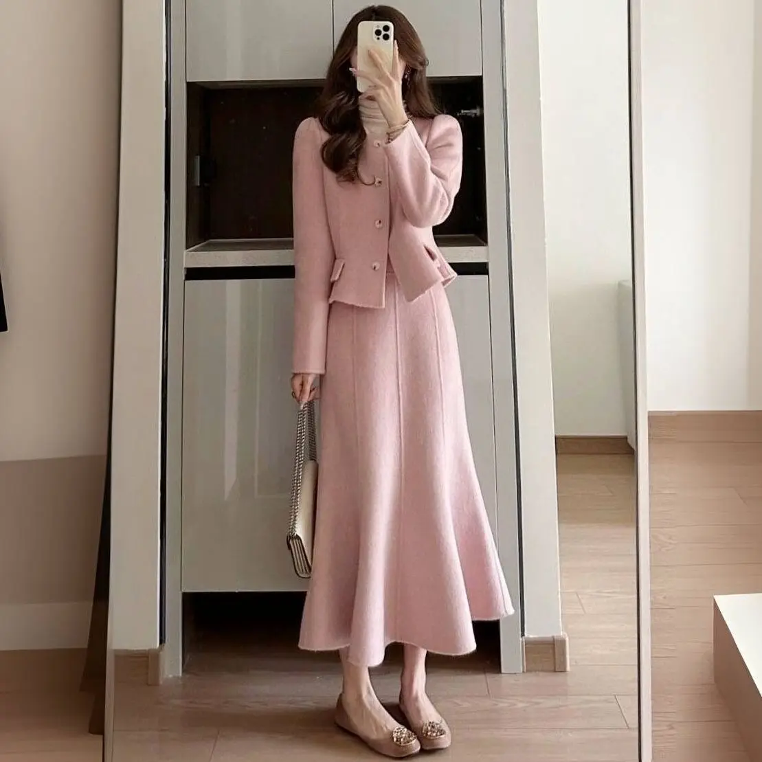 Temperament frauen Set Herbst/Winter Neue Stil Kleine Duftende Rosa Abnehmen Top Halb Rock Zwei Stück Set