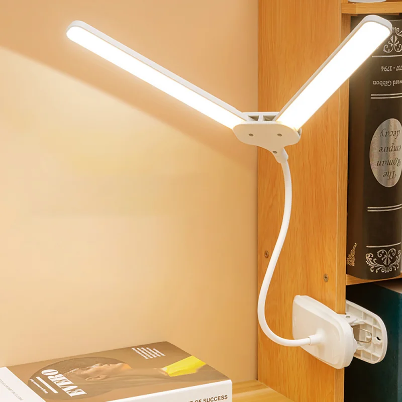 LED Clip Lamp Rechargeable Lamp Double Head Desk Lamp Flexible Gooseneck USB Charging Clip Lamp Touch Dimming Table Lamps