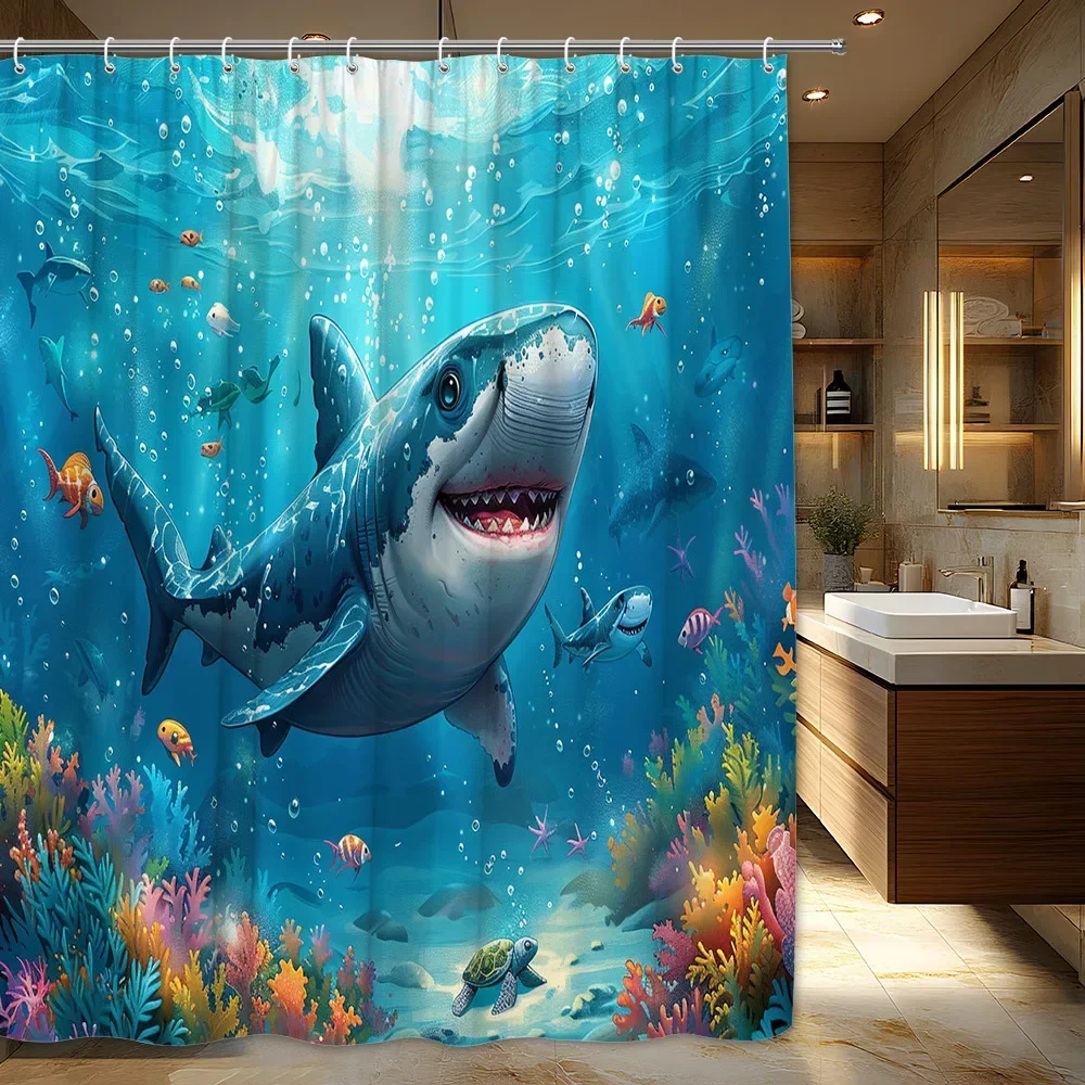1pc Menacing Great White Shark Shower Curtain with Sharp Teeth & Intense Gaze - Vibrant Coral Reef & Marine Life Design, Durable