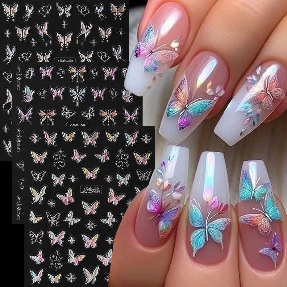 3 Stück 5D geprägte Laser silbrige Schmetterling Nagelaufkleber glänzende Schmetterling selbstklebende Charms für Nägel Frühling Sommer Y2K Nagelzubehör