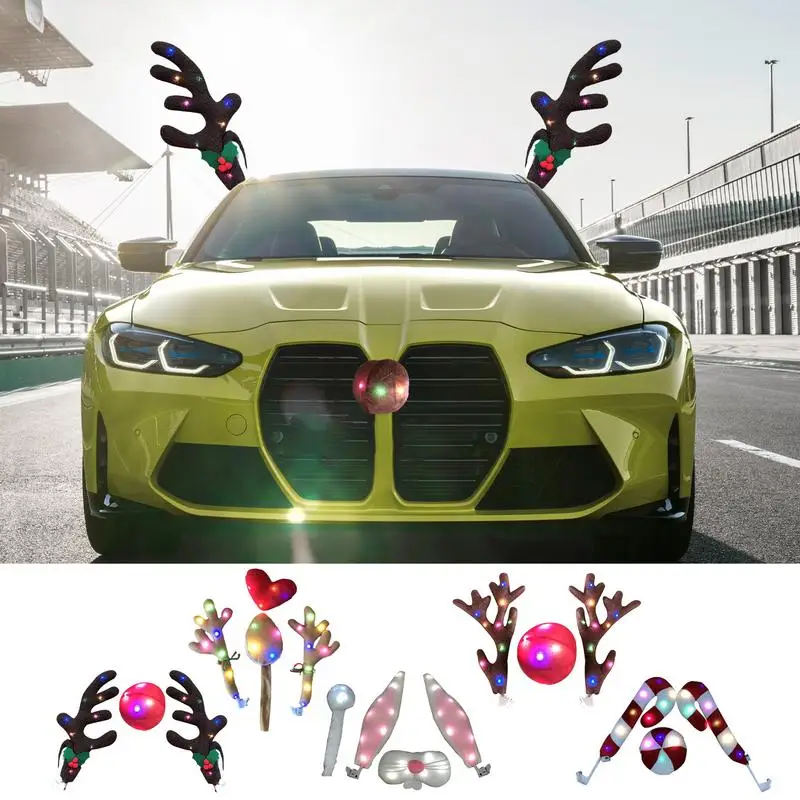 Christmas Reindeer Antlers Car Kit Reindeer Antlers And Nose With Led Lights Christmas Antlers Costume Auto Christmas gifts