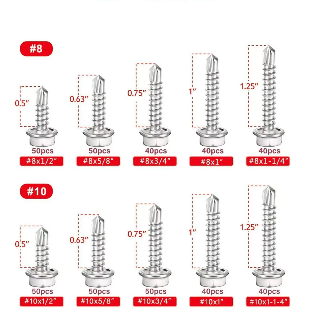 450 قطعة 410 مسامير حفر ذاتية من الفولاذ المقاوم للصدأ # 8 # 10 مجموعات متنوعة من البراغي المعدنية ذات الرأس السداسي بطول 1/2 بوصة إلى 1-1/4 بوصة #3