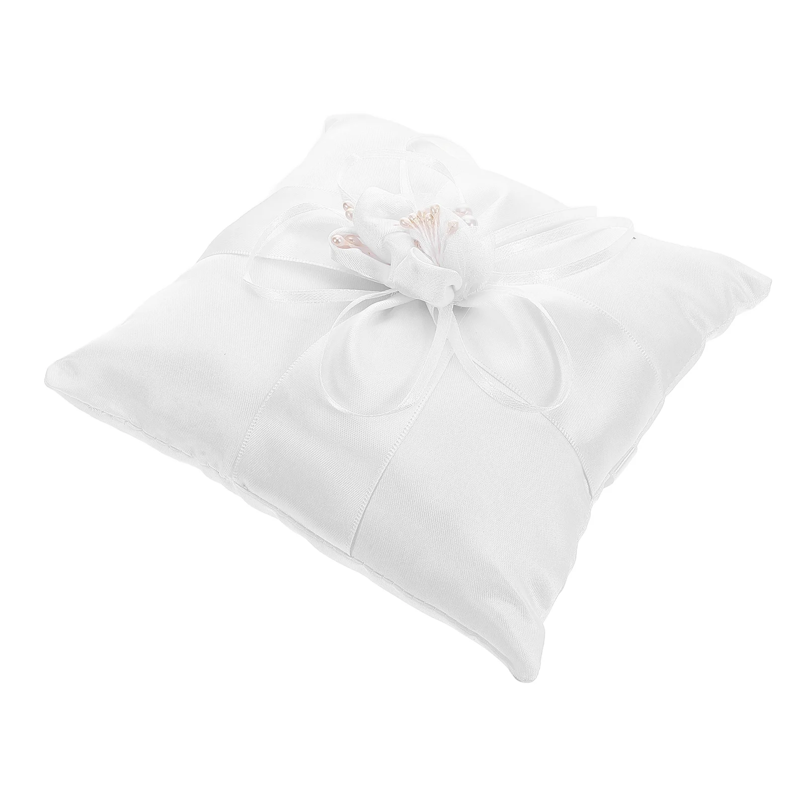 

White Bridal Ring Pillow for Wedding Ceremony Decorative Square Holder with Bowknot Elegant Romantic Pillows Soft Comfortable