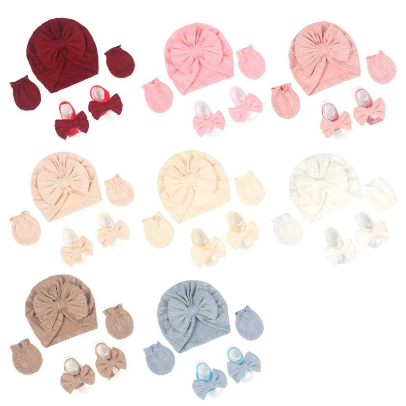 

F19F Soft Bonnet Caps Set Baby Turban Hat Hospital Nursery Hat Mittens Foot Bowknot Headwrap for Newborn 0-3 Month