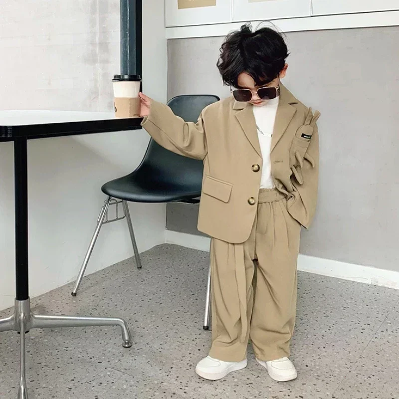 Kids Suits Fashion Casual Blazers Wide-legged Trousers 2 Piece Girls Clothes Set Khaki Loose Children Wedding Birthday Costumes