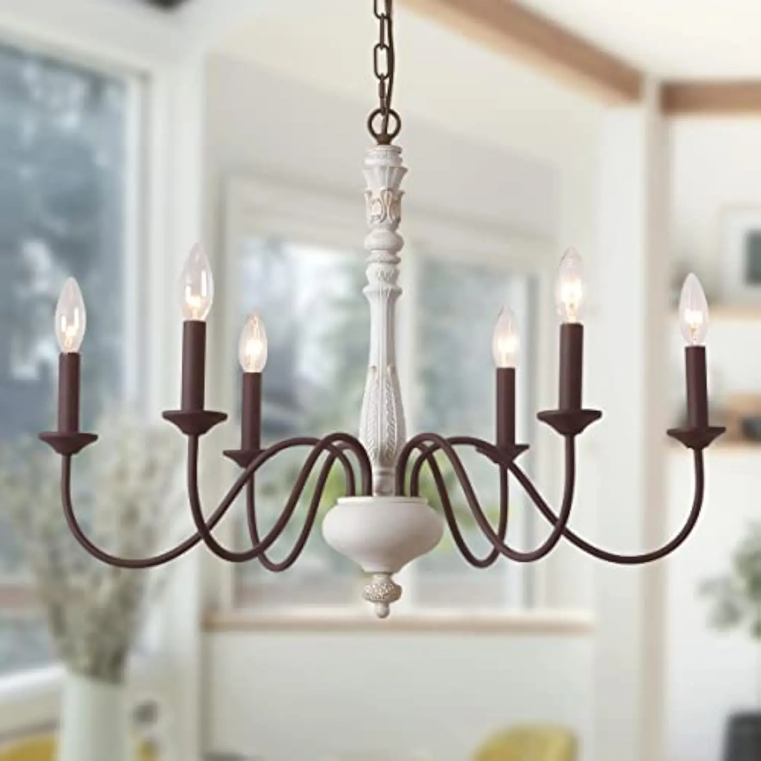 

French Country Chandelier, 6-Light Farmhouse Chandelier Vintage Candle Dining Room Lighting Fixture Brown White Antique Industri