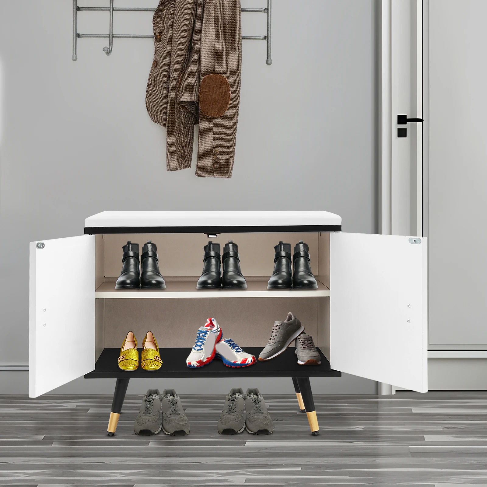 مقعد أحذية حديث قائم بذاته مع مساحة تخزين من طبقتين وقسم قابل للإزالة، وأرجل معدنية، وقدرة تحميل 100 كجم لغرف المعيشة