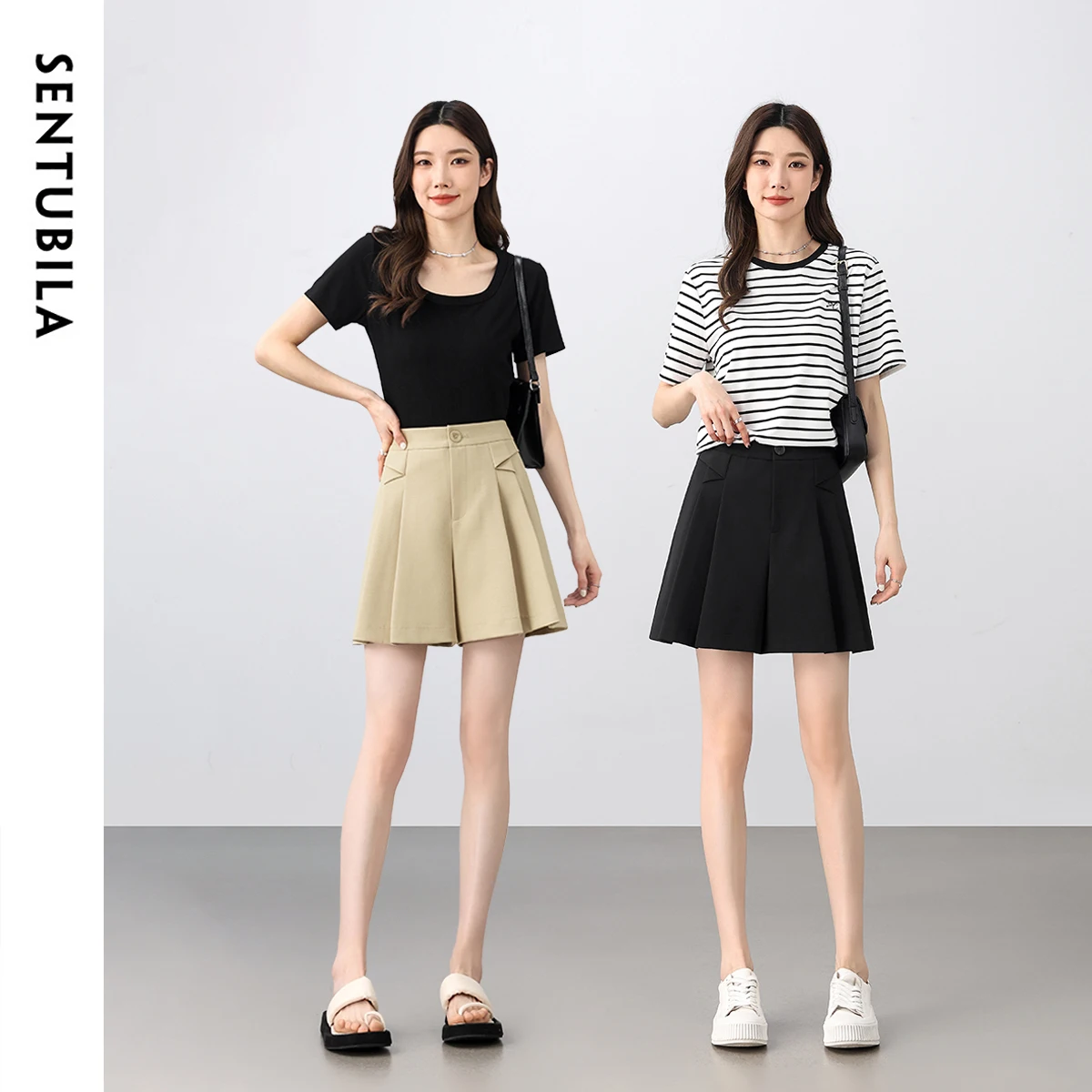 SENTUBILA Women's Khaki Mini Skirts Shorts 2025 Summer High Waist Commuting Comfortable Women's Casual A-Line Shorts 152K87919