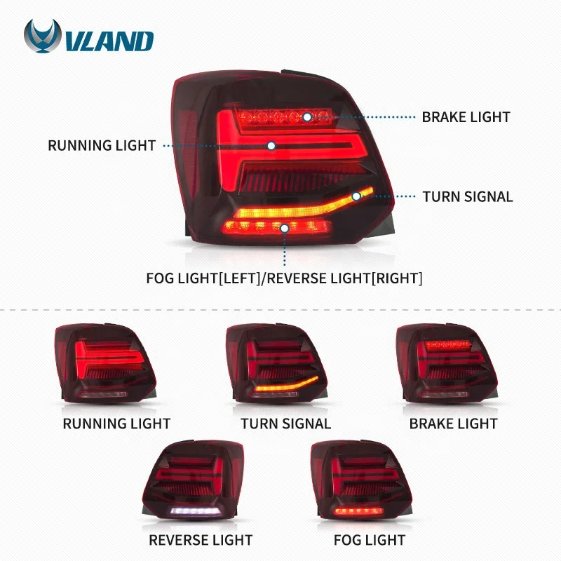 VLAND Full LED Taillights Wholesales Rear Lamp Assembly 2009-2018 With Sequential Turn Signal Car Tail Light for VW Polo Mk5