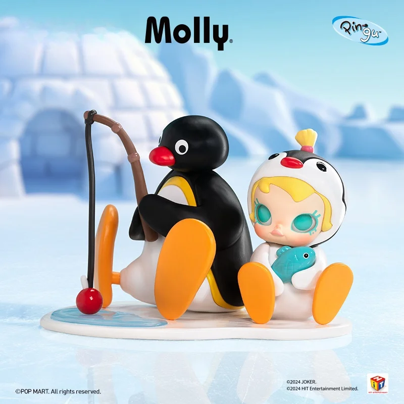 18cm New Anime Figure Baby Molly X Pingu Fishing Time Handheld Hang Card Model Doll Figurines Collection Trendy Toy Xmas Gift