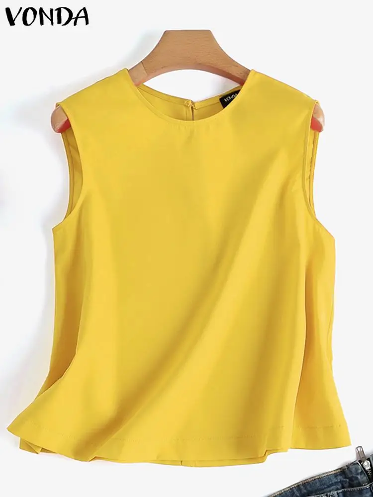 VONDA Women Summer Blouses Sleeveless Tops 2024 Fashion Sexy Solid Color Casual Loose Shirts O-Neck Elegant Blusas Femininas