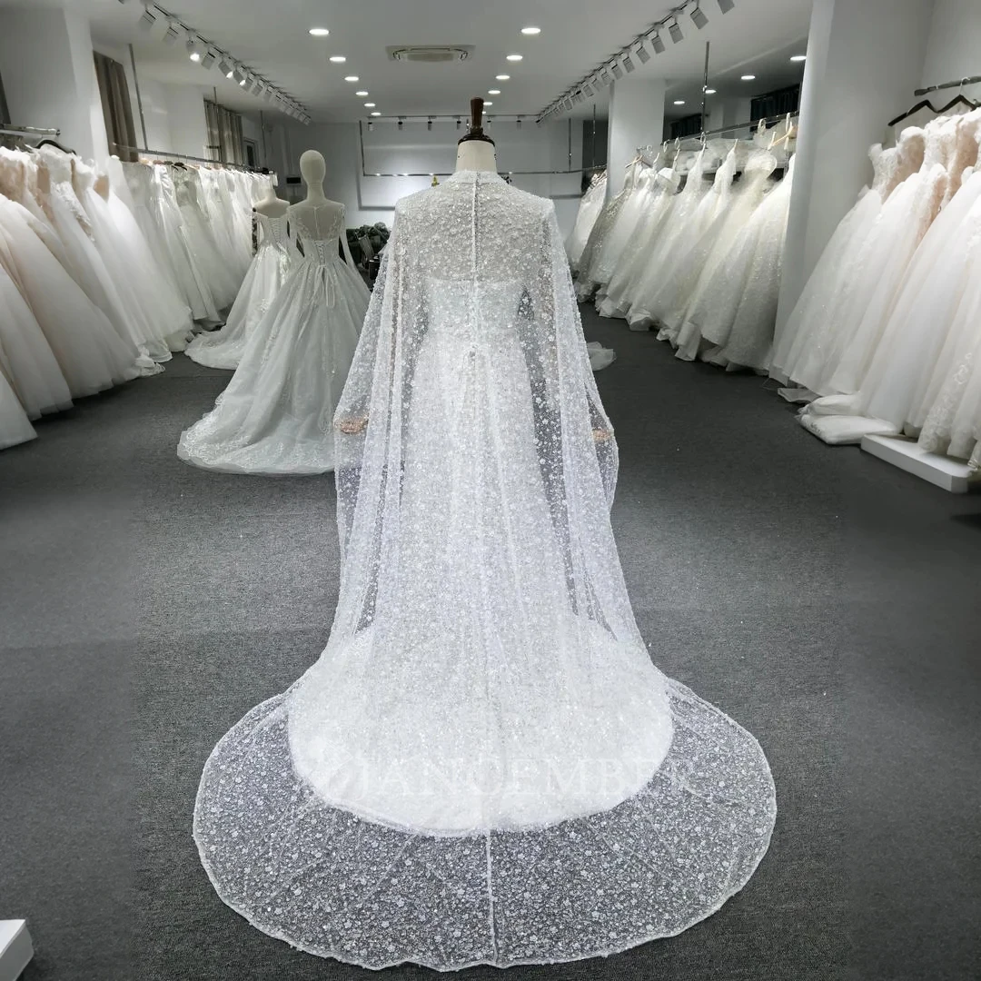 ชุดแต่งงานเจ้าสาวทรงบอลกาวน์แบบสี่เหลี่ยมผืนผ้า แขนยาว ประดับกลิตเตอร์  สำหรับผู้หญิง  แบบสั่งตัดได้