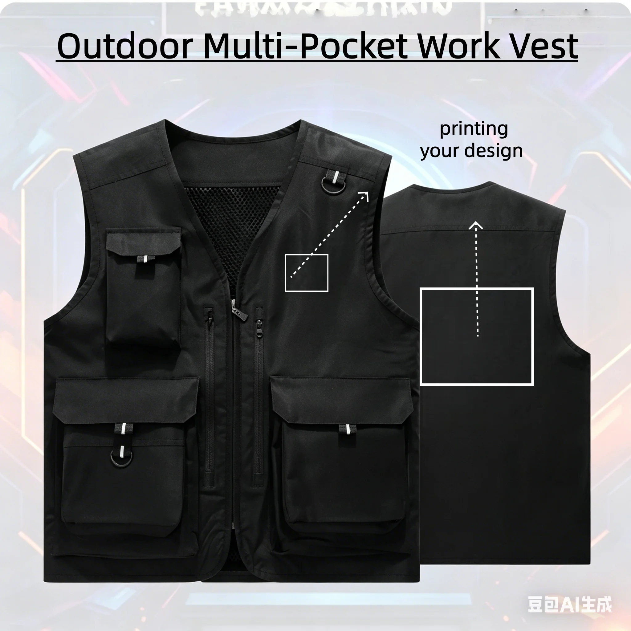 Multi Pocket Work Vest Men Breathable Mesh Lined Sleeveless Photographer Fishing Journalist Vest Outdoor Cargo Vest Printed Logo