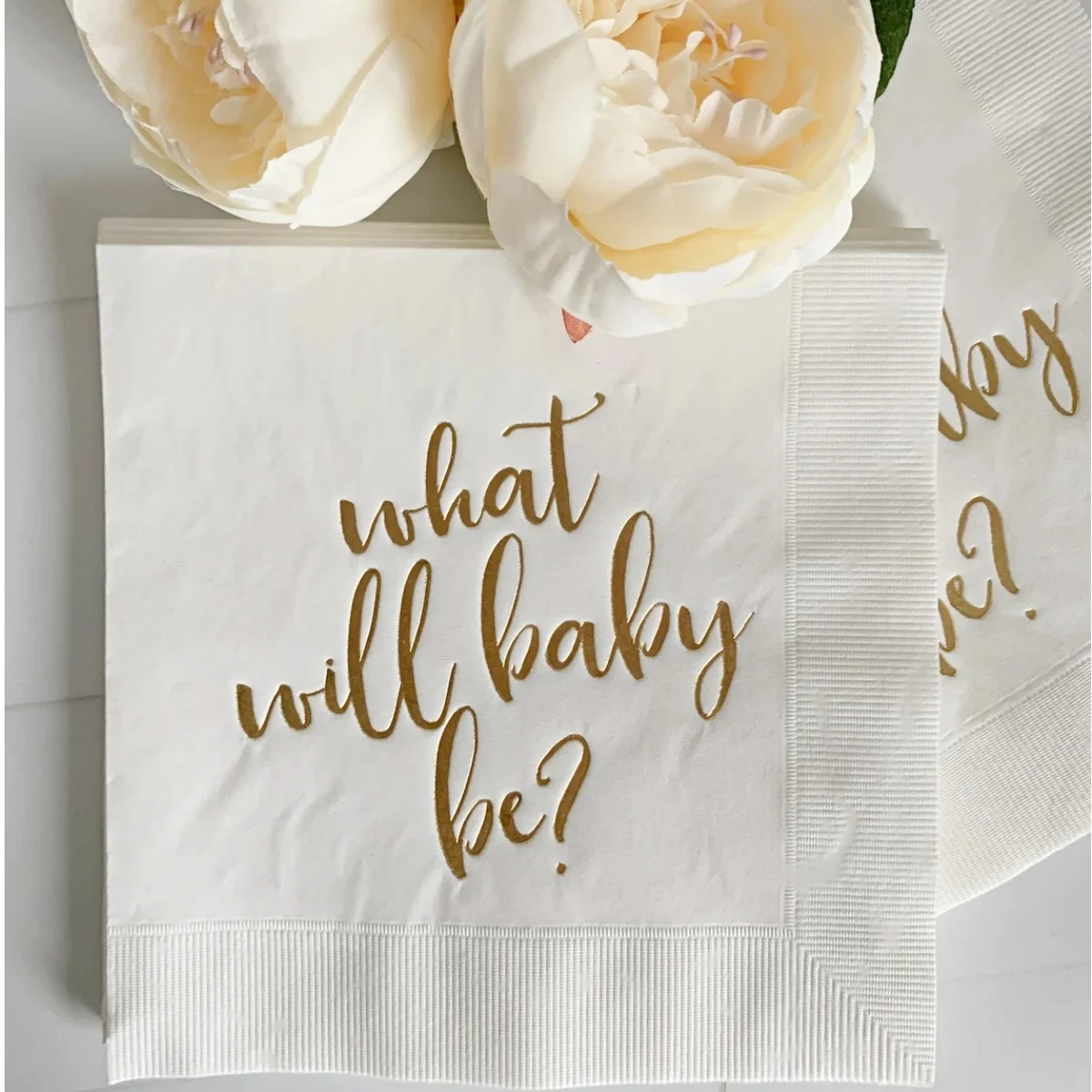 

50pcs Gender Reveal What Will Baby Be Napkins - White with Gold