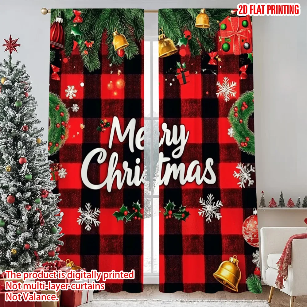 

2pcs 2D flat printing Merry Christmas Window Curtains Red checkered festival 100% Polyester Without Electricity Festive Holiday