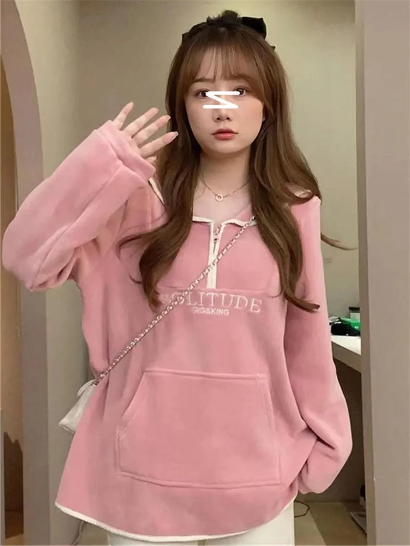 

Женская толстовка больших размеров на флисовой подкладке, свободного кроя, осенне-зимняя, в стиле Sweet Sle College, модная, для полных девушек, 300 Pou