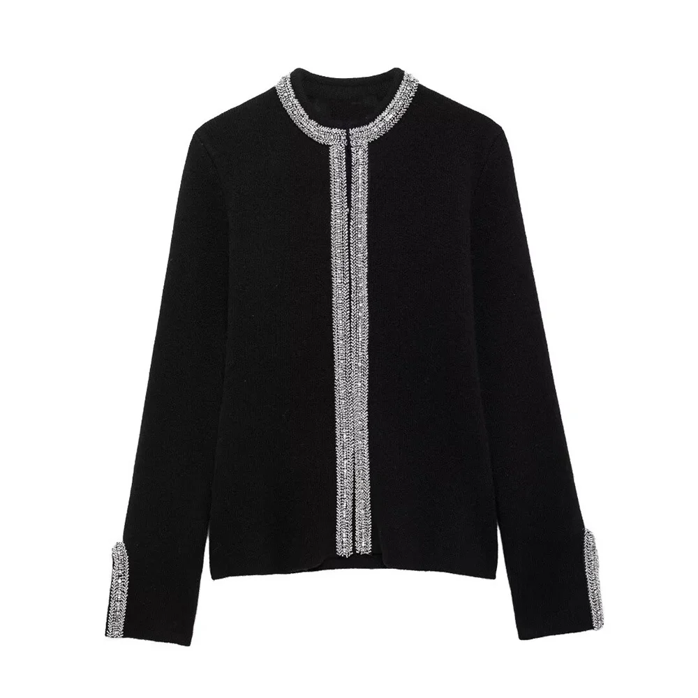 UNIZERA solid color bead string decoration single breasted knitted cardigan new long sleeved round neck jacket for women