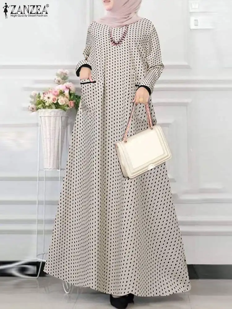 2023 ZANZEA Women Polka Dot abito manica lunga musulmano Abaya Hijab Vestidos Ramadan Robe abiti larghi Maxi caftano turchia prendisole