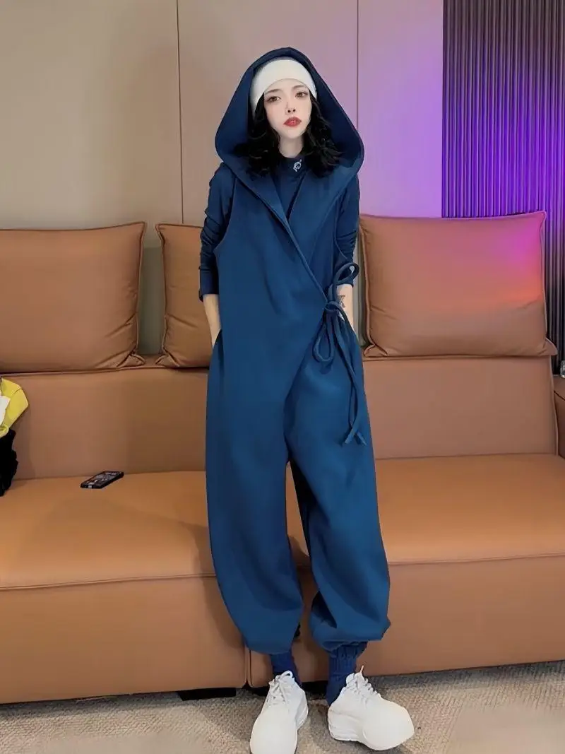 Faionable Belted Slim Fit Fce Lined Svel Jumpsuit Women's Autumn Winter High Waist Trousers Ensemble Design Sensation