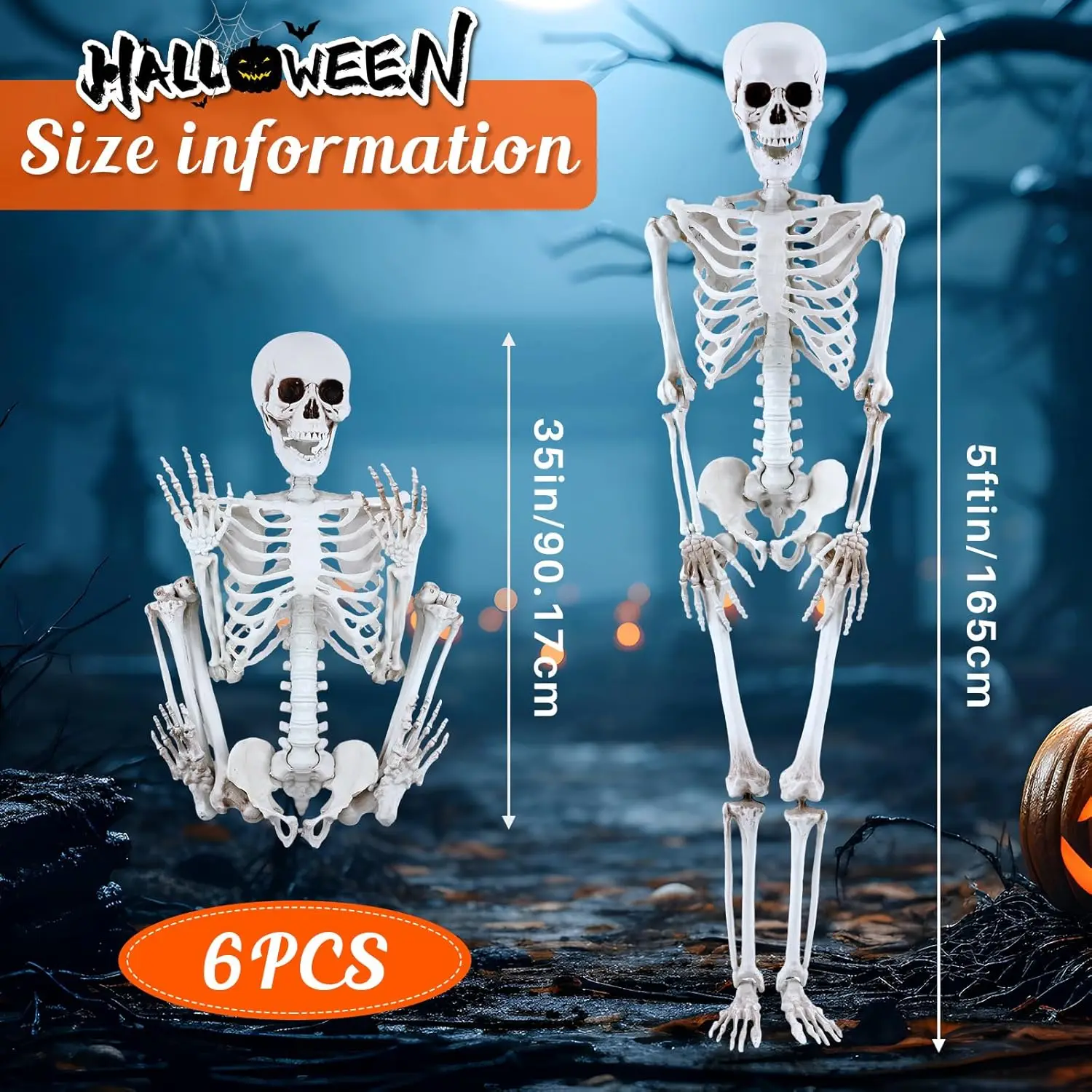 Geetery 6 Pcs 5 Ft Halloween Skeleton Decoration Life Size Poseable Skeleton Outdoor Full Body Plastic Skeleton Movable Joints