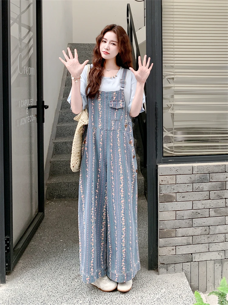 

Синий комбинезон terne с цветочным принтом, комплект из двух предметов, женский летний модный повседневный наряд, молодежный студенческий orm