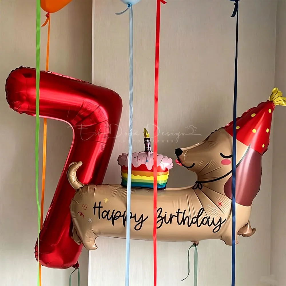 1 Set Geburtstagstorten-Dekoration mit Dackel-Motiv, Luftballons mit roten Zahlen, Partyballons, Hintergrunddekoration, Foto-Requisiten