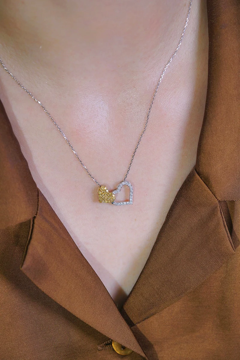 KUGG 100% 18K White Gold Necklace Romantic Heart Shape Real Natural Yellow Diamond Necklace for Women High Wedding Jewelry