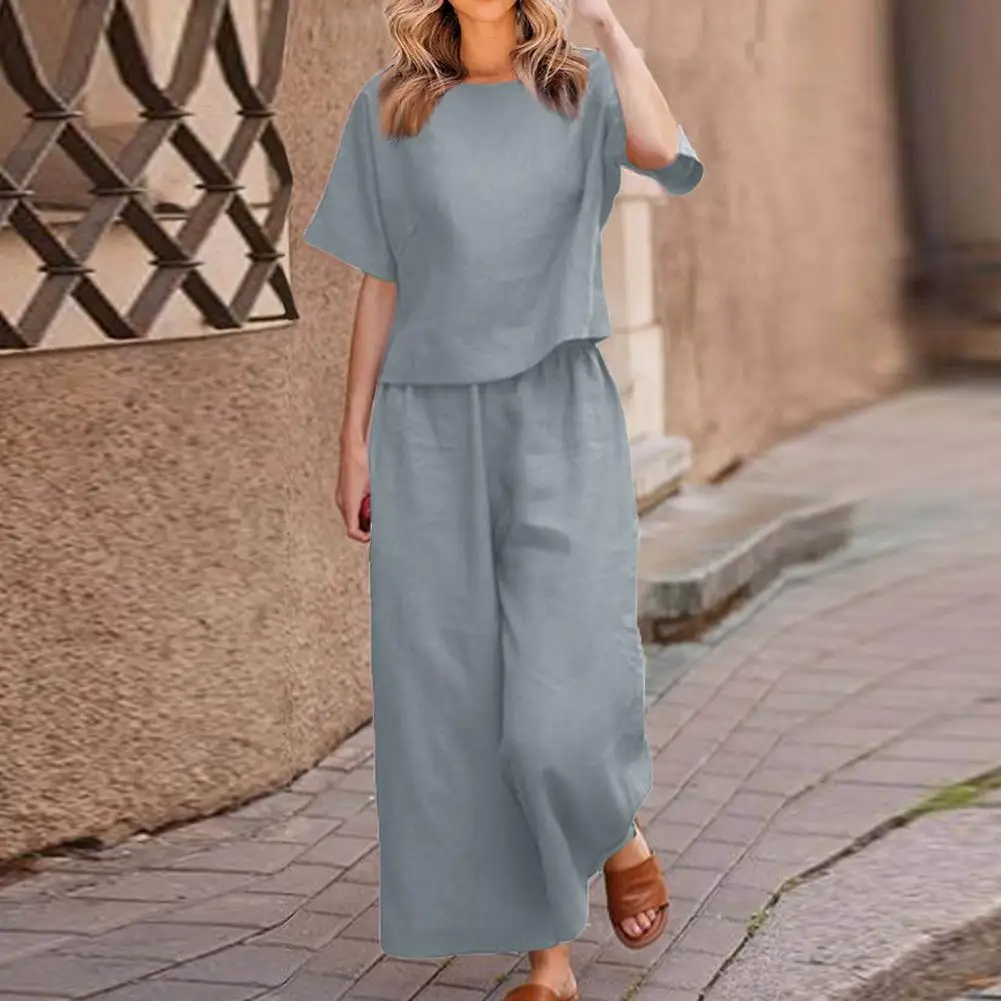 Women Cotton Linen Suit Fashion Comfortable Short Sleeve And Long Pants Solid Color Casual Loose oversized Summer Sets Dress Top