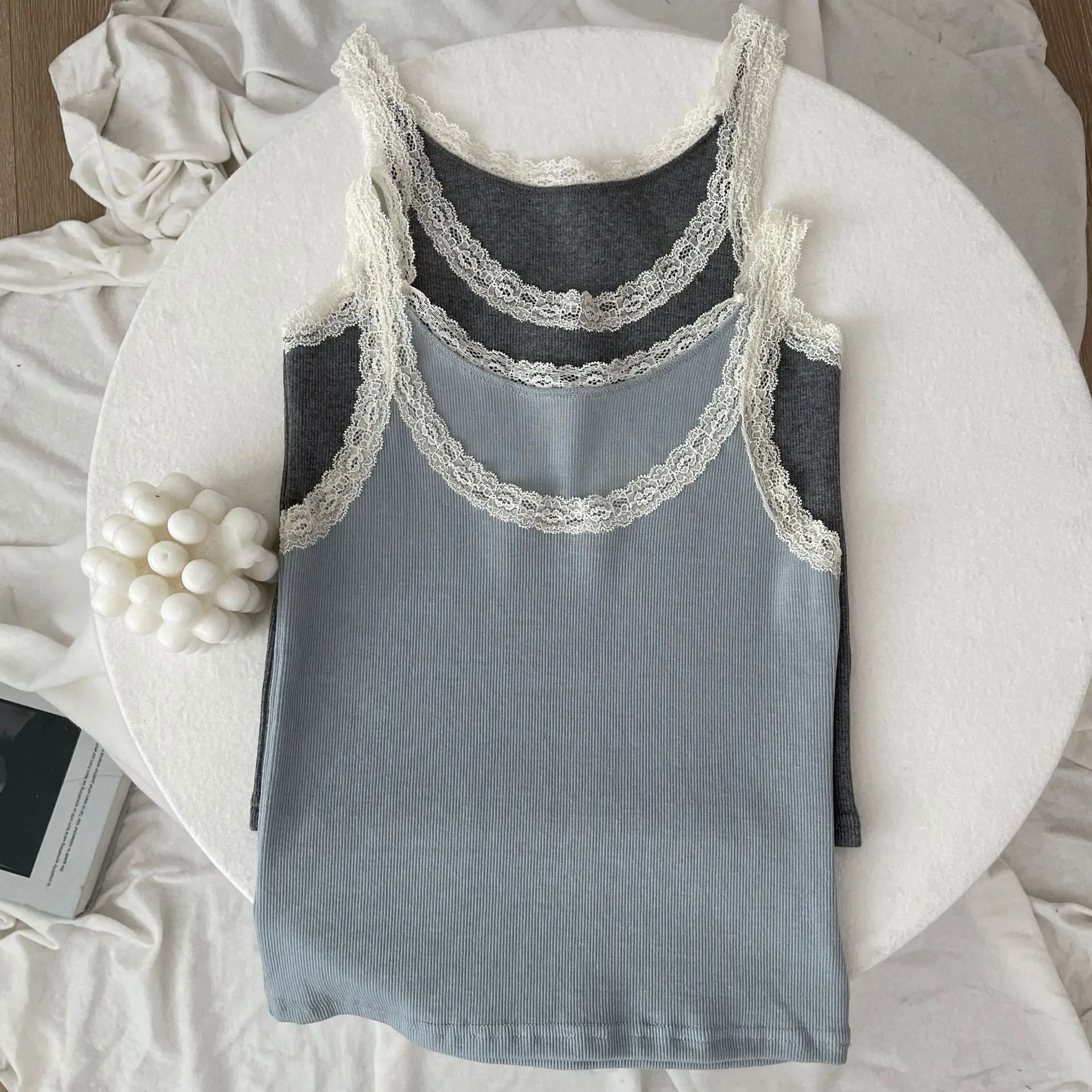 Pink Lace Trim Slim Tank Tops For Women Summer Sweet Chic Cotton Cropped Vest Preppy Style Simple Sleeveless Crop Top Camis New