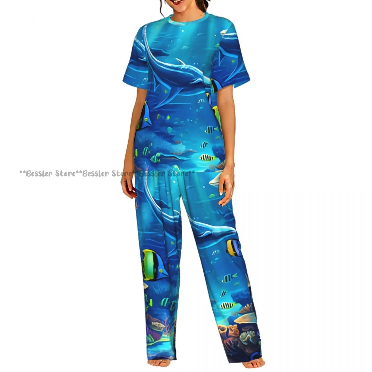 Women Pajama Sets Lounge Sleepwear Underwater World Ocean Animal Plant Fish Short Sleeve Nightwear