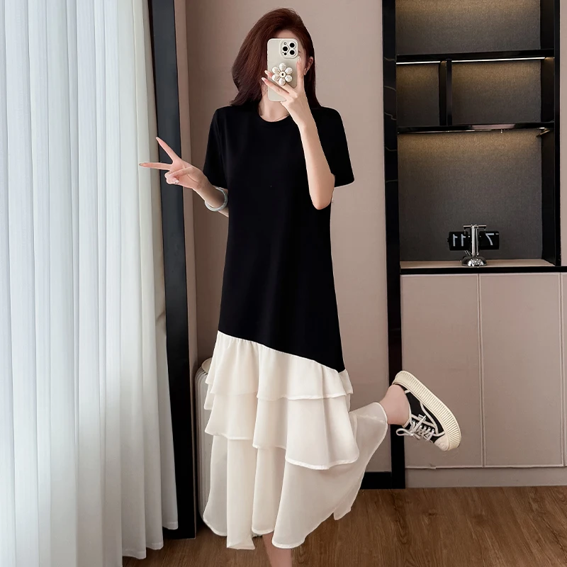 YZJNH 2026 Summer New Dress Women's Korean Version Loose Round Neck Short Sleeved Dress Spliced Chiffon Hem Plus Size Dress