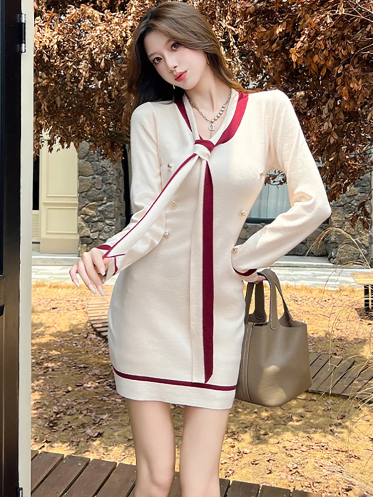 เดรสไหมพรมแขนยาวคอวีผูกโบว์ทรงมินิสำหรับผู้หญิง สไตล์เกาหลี ปี 2025  ชุดเดรสเข้ารูป  ชุดเดรสสำหรับงานเทศกาล  งานพรอม  ดีไซน์หรูหรา