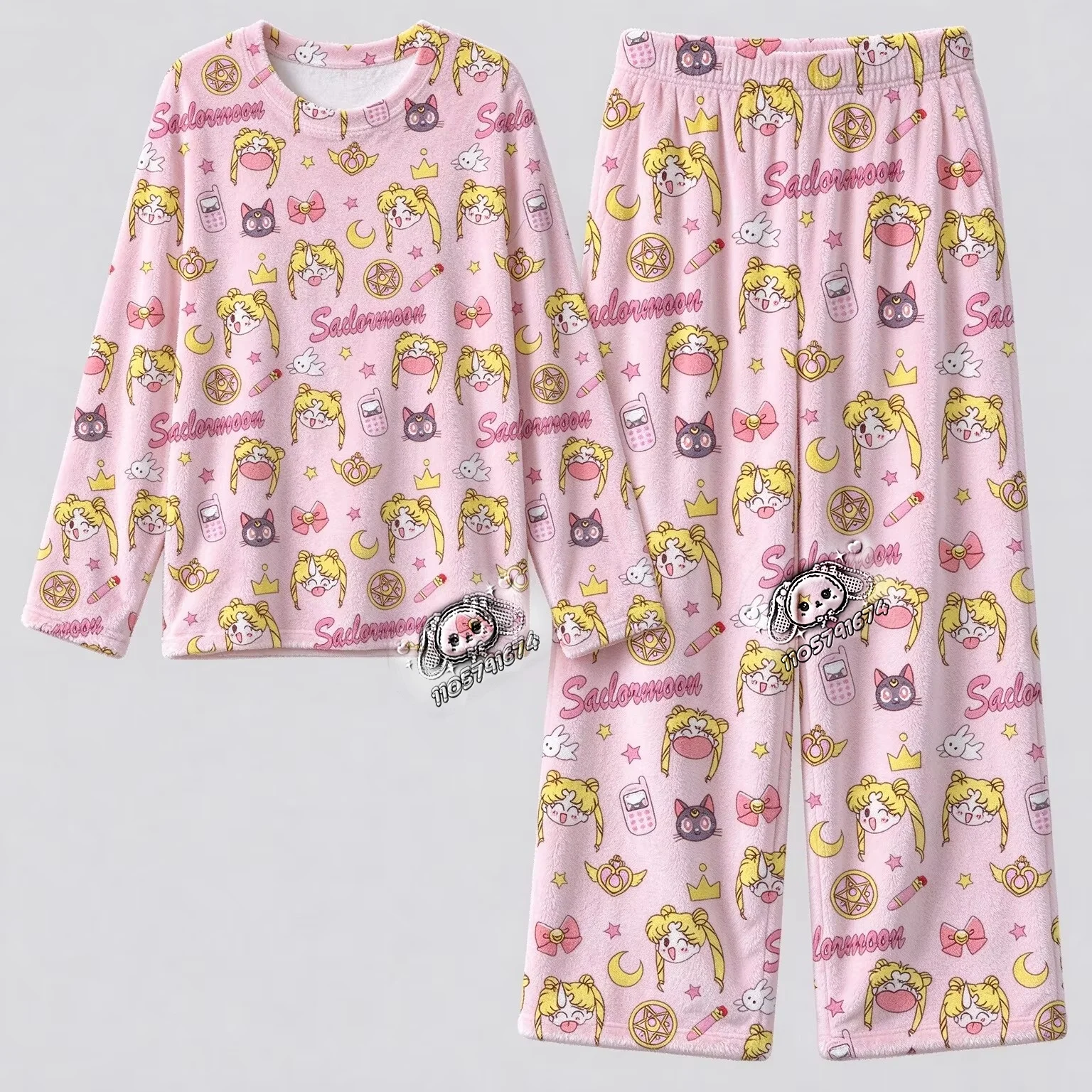 New Sailor Moon Cartoon Allover Print Flannel Long Sleeve Pants Pajama Set Fan Collection Winter Family Matching Loungewear