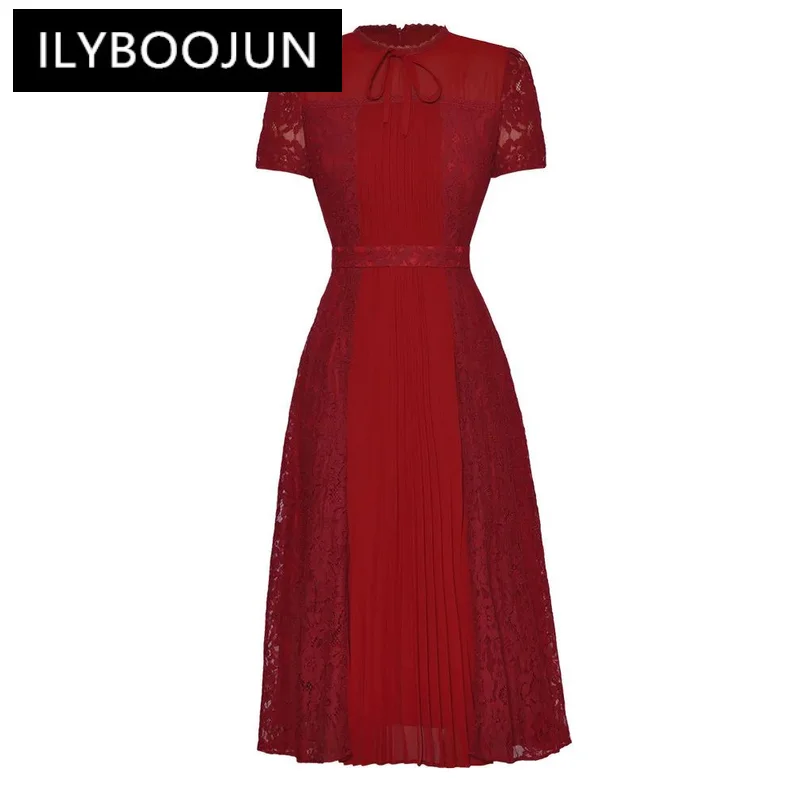 

ILYBOOJUN 2024 Summer New Arrivals Fashion Runway Lace Ruched Design Solid Color Round Neck Princess Style Elegant Midi Dress