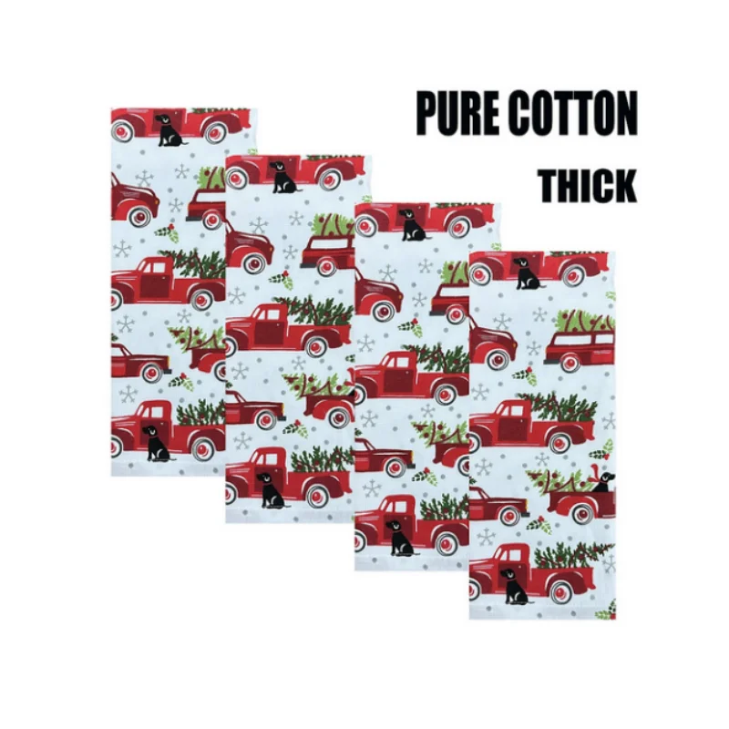 

4pcs/lot 70X40cm Christmas Snowman, Car, Tree Printed Face Towel, Absorbent, 100% Cotton Festival Kitchen Towel, T12