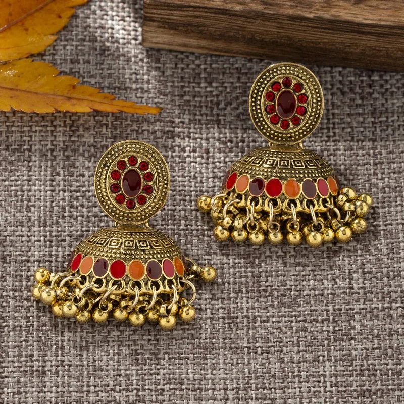 Indian Jhumka Bohemian Tassel Bell Water Drop Rhinestone Earrings for Women Retro Vintage Ethnic Temperament Ladies Earrings