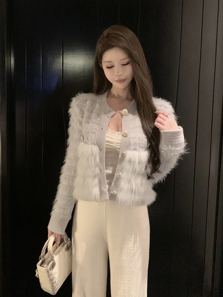 New Autumn Women Real Fox Fur Knitted Cardigan Jacket Luxury Fashion Knitting Sweater Coat Short Slim Female Top Clothing