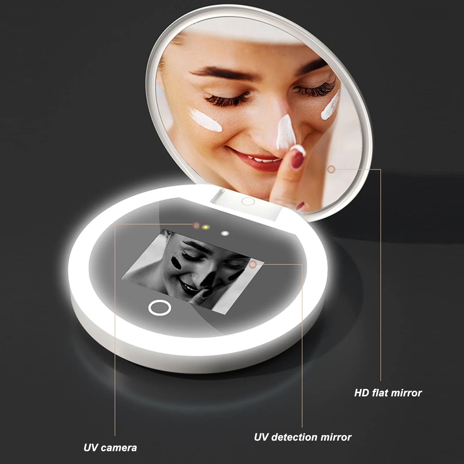 UV Mirror Sunscreen Testing Camera with Light 2X Magnification Travel Makeup 3.5in Pocket Size L