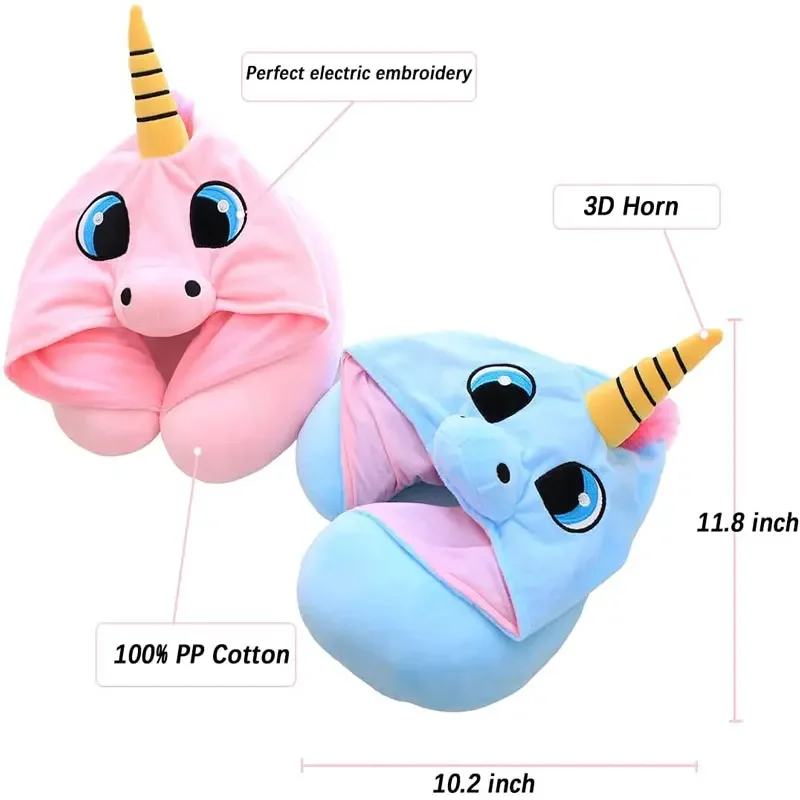 New U Shaped Neck Pillow for Airplane Travel Adults and Kids Travel Pillow Unicorn Cat Owl Pig Fox Memory Foam Hooded Pillows