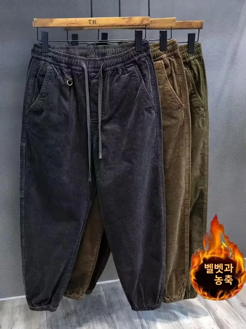 Men's Corduroy Leisure Pants Thickened Fleece Lined Loose Fit Autumn Winter High Waist Trousers Youth Fashion Antimicrobial