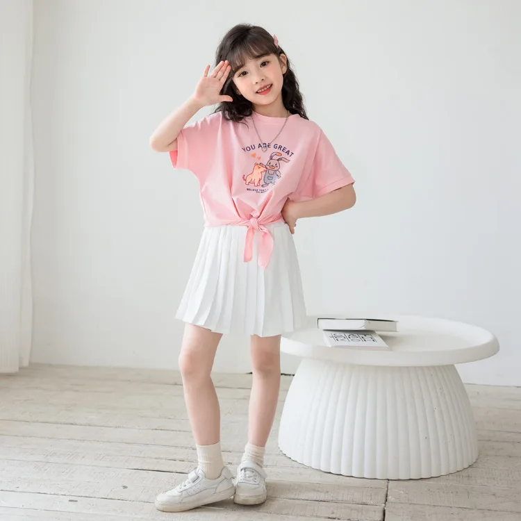 

Korean Summer Children Girl 2PCS Clothes Set Teenager Girl Cartoon Printed O-neck T-shirt+Pleated Skirt Set For Girls 4-12Yrs