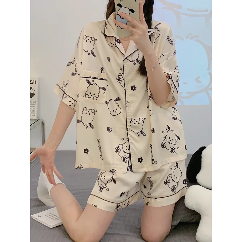 New Sanrio Pacha Dog Silk Pajamas Women\'s Summer Ice Silk Short Sleeve Shorts Casual Women\'s Pajamas Homewear Pajamas Pants Set