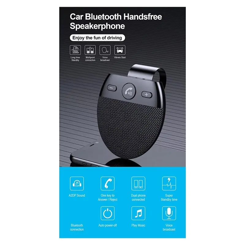 AC76-Bluetooth 5.0 Wireless Car Speakerphone Kit-Sun Visor Music Player With Mic, Noise Reduction Handsfree Functionality