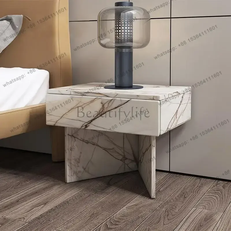 Italian Minimalist Nightstand Calacatta White&Laurent Black Gold Marble, Square Rounded