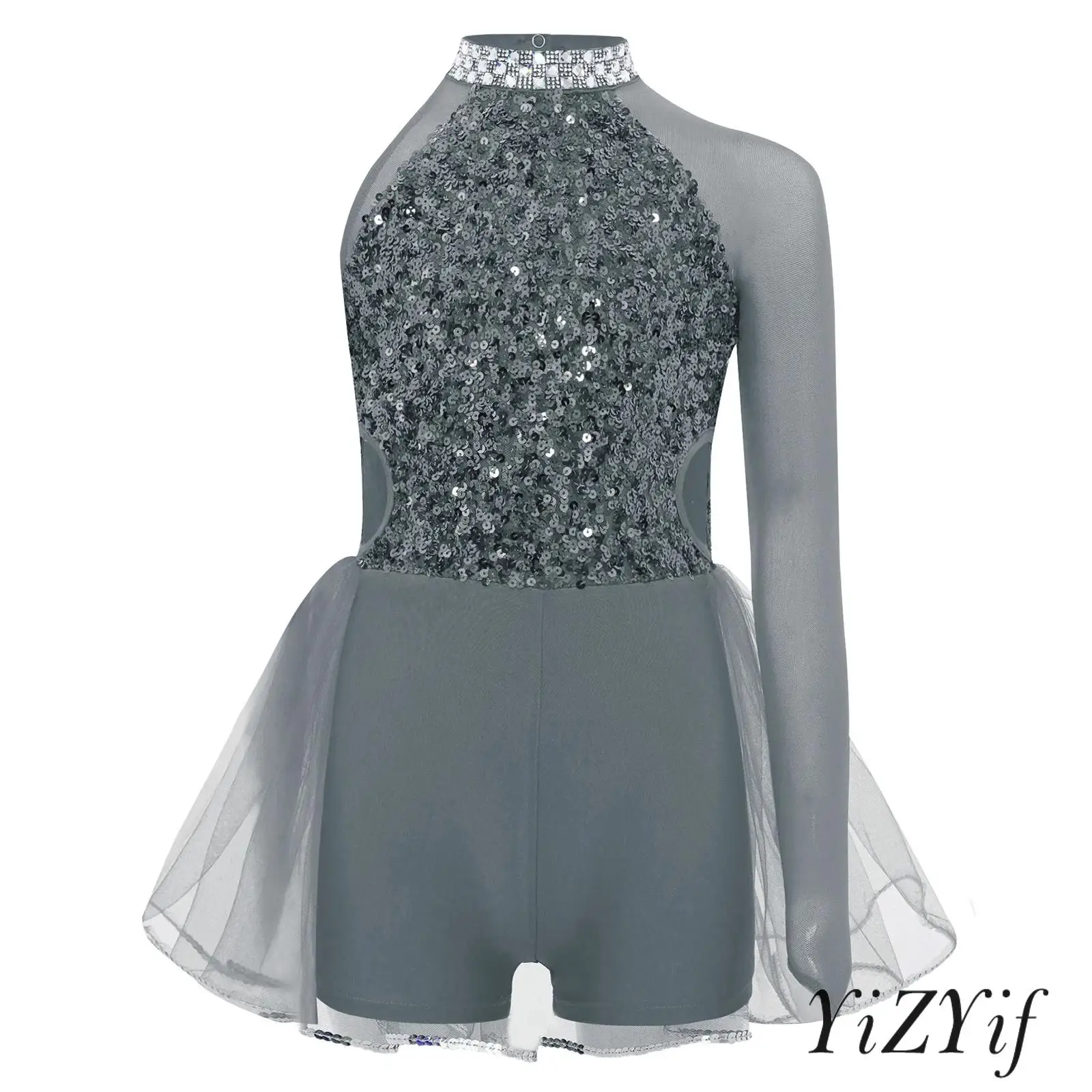 

Kids Girl Dance Performance Costume Sparkly Sequins Bodice Tulle Skirted Leotard Keyhole Back Cutout Waist Asymmetrical Jumpsuit