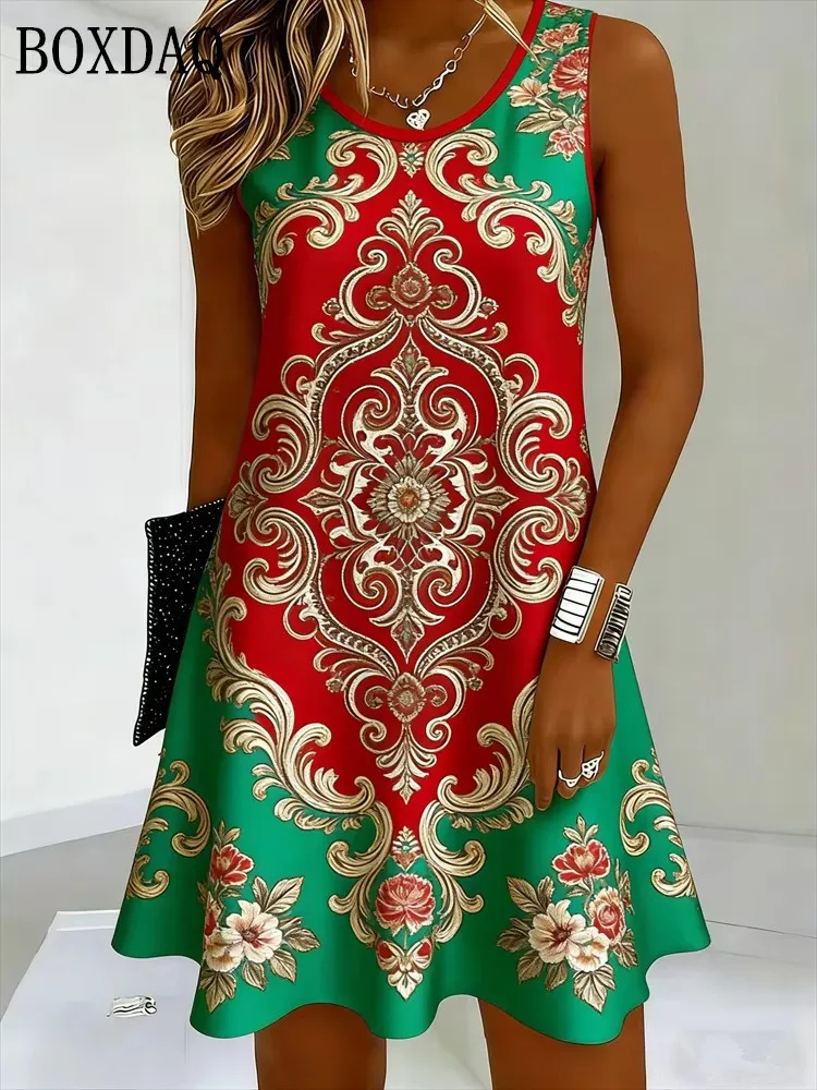 Women's Bohemian Sleeveless Dress A Line Loose Female Clothing Plus Size Casual Retro Ethnic Print Dresses Summer Women 2026 New